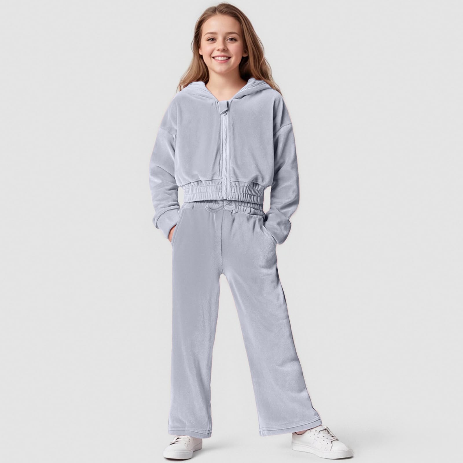 Sportanzug Mädchen Trainingsanzug Bekleidungsset 2tlg Samt Einfarbig Jogginganzug Langarm Sweatjacke mit Kapuze + Sporthose Trainingsanzug Kinder Mädchen Lässige Tracksuit Freizeitanzug Activewear