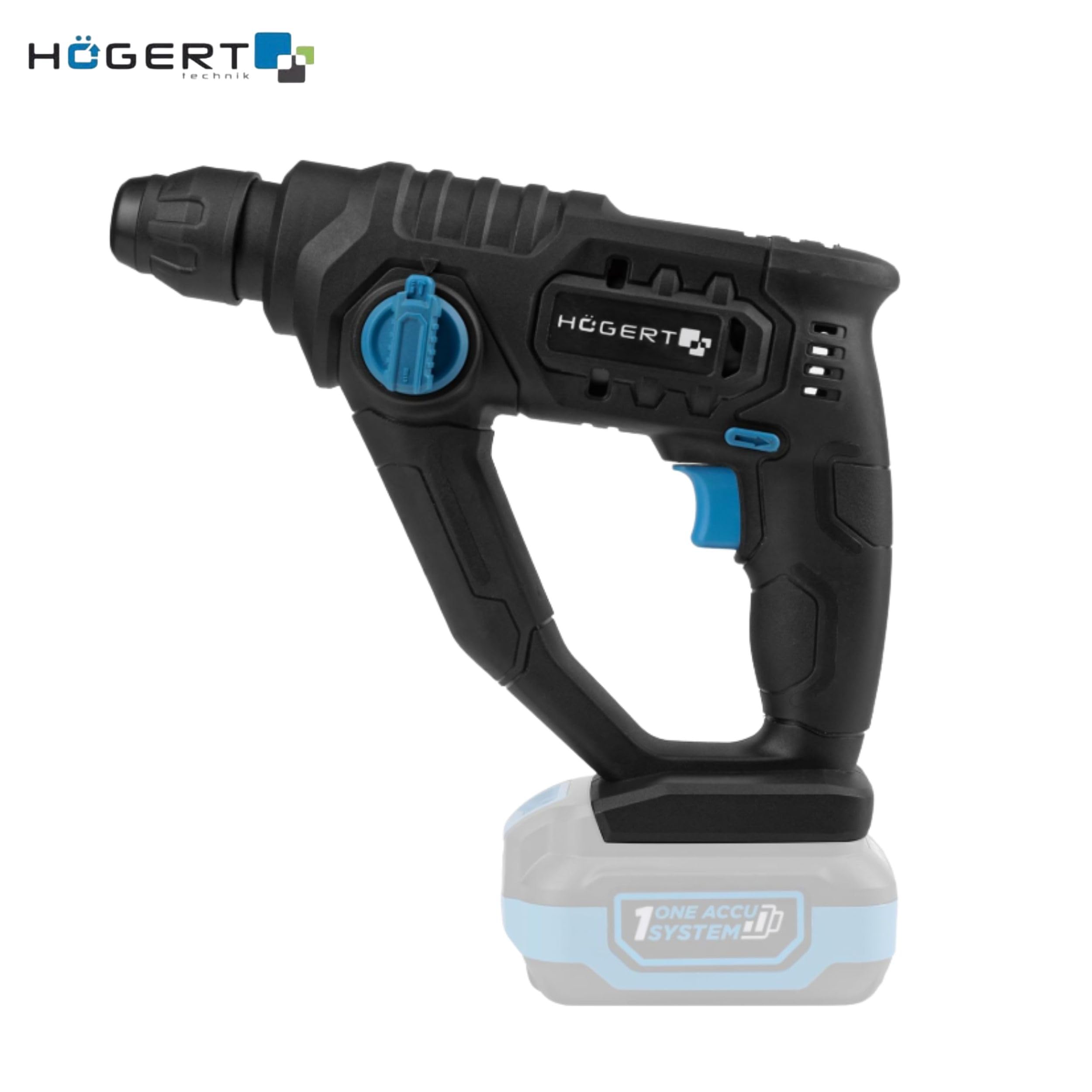 HÖGERT TECHNIK - Juego de herramientas eléctricas a batería 18 V Taladro percutor Martillo perforador SDS+ Amoladora angular 125 mm 2 baterías de 4 Ah Cargador de 4 A Juego de herramientas
