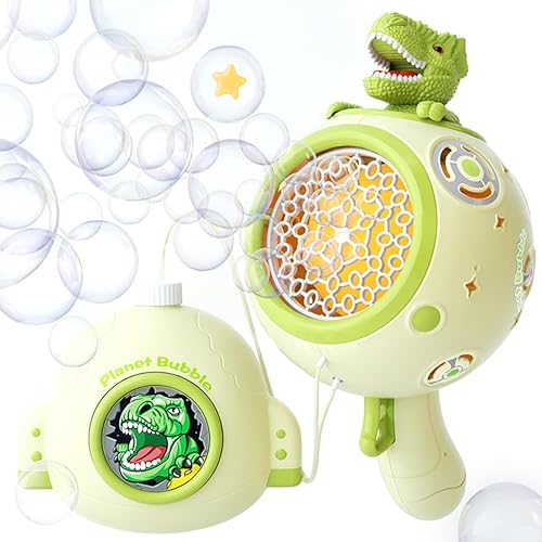 Pistola eléctrica recargable de dinosaurio verde con botella de solución de burbujas de 16.9 fl oz y luces LED, soplador automático de burbujas para