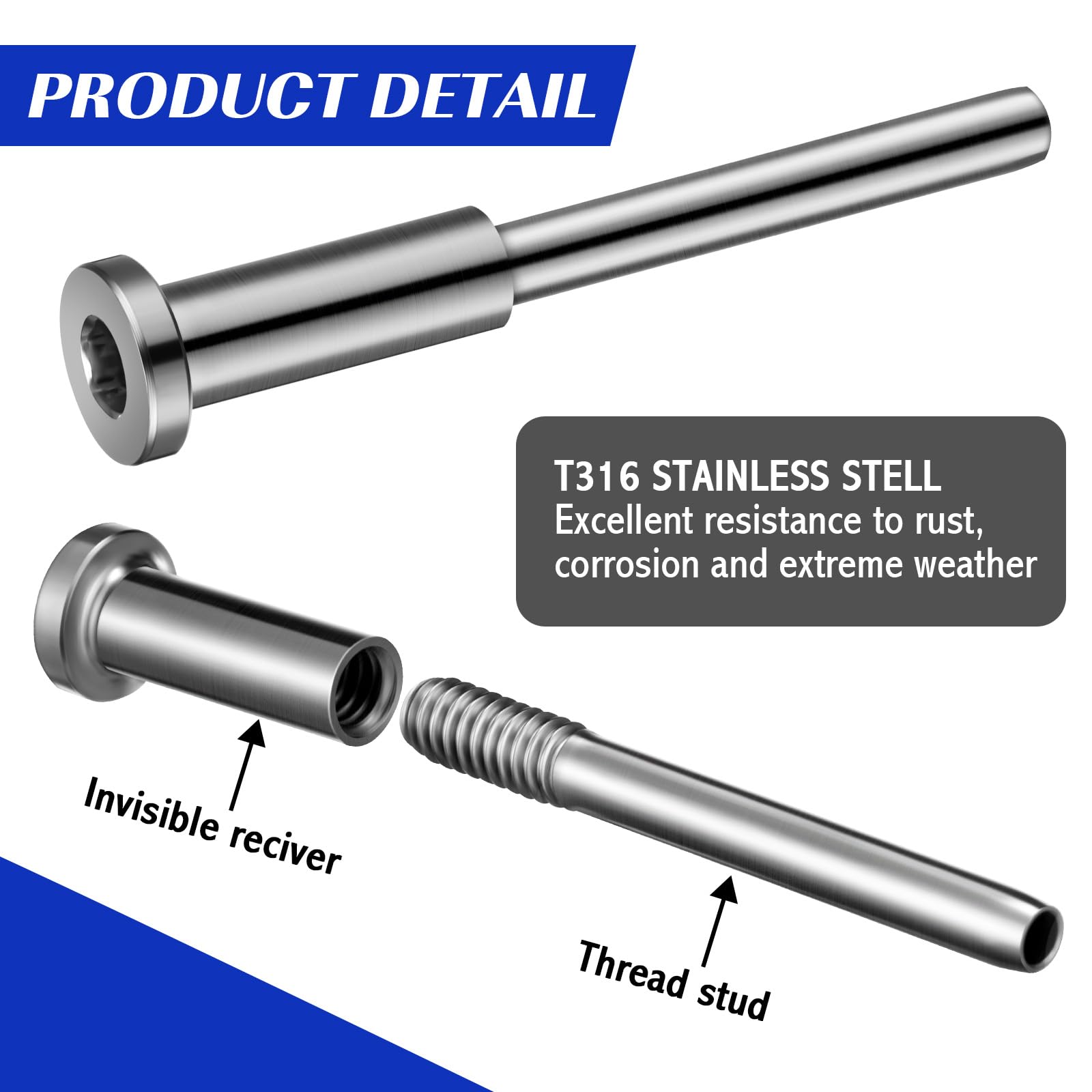 Blulu Kit di 60 cavi invisibili, in acciaio inox T316, ricevitore invisibile da 0,3 cm e estremità a perno a pressare, tenditore da 1/8" per pali in legno/metallo, hardware (argento)
