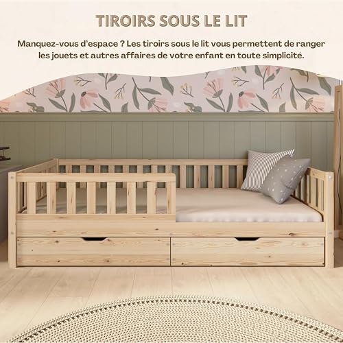 Crazy Pine Lit Enfant avec Tiroirs 190x90 cm – Montessori au Sol en Bois Massif avec Barrière – Sécurisé pour Tout-Petit – Design Scandinave, Montage Facile - Crazy Basic - 6