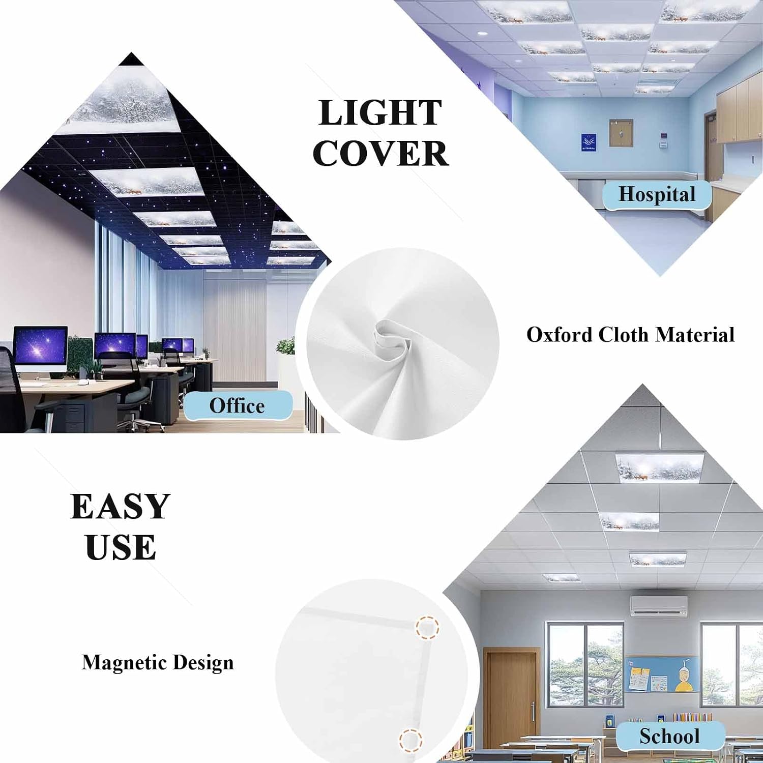 Christmas Fluorescent Light Covers for Ceiling Lights Xmas Tree Deer Magnetic Light Filters 4 Pack 4x2 ft Elk Snowflake Grey Winter Snow Ceiling Lights Cover for Classroom Office School Drop Lamp