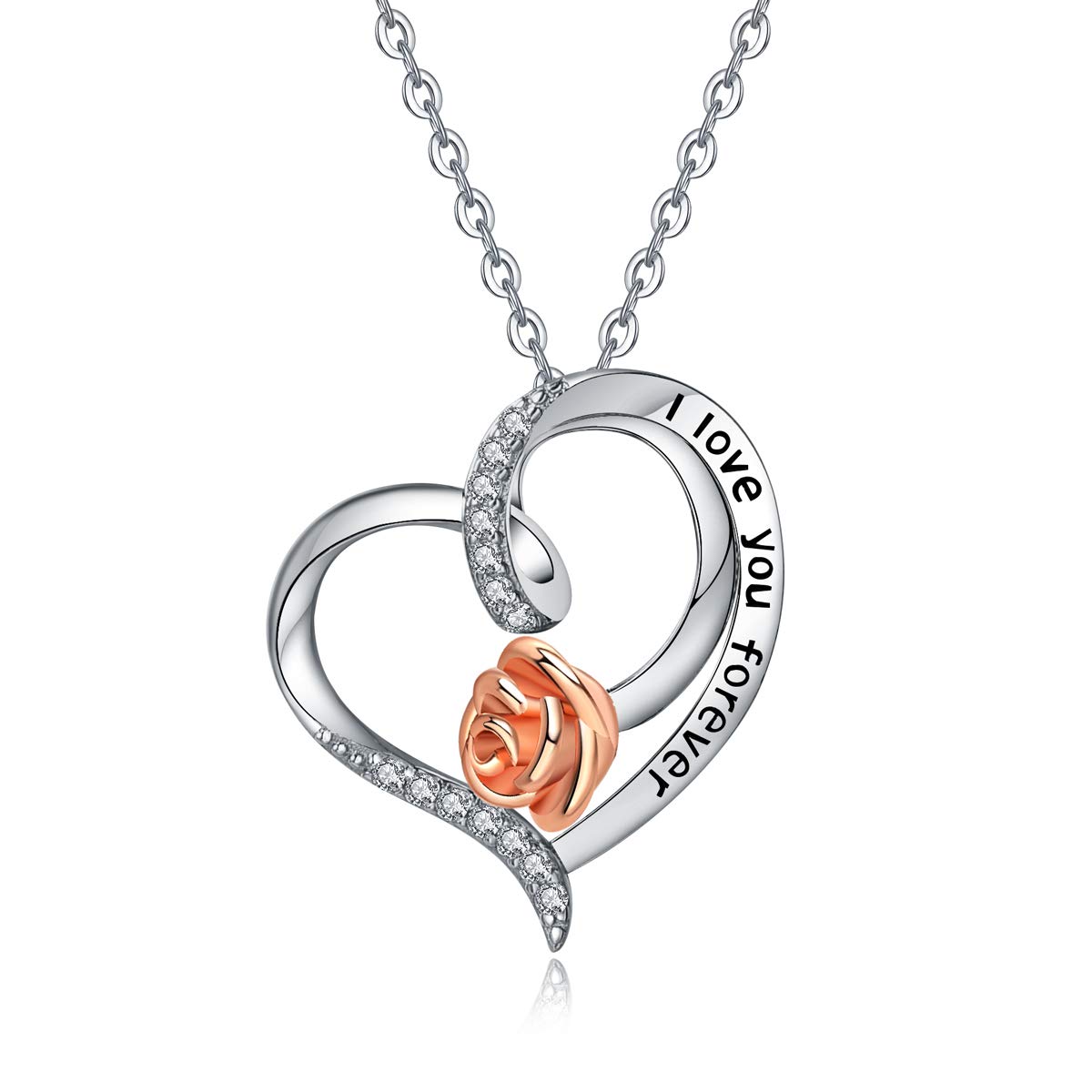 Sterling Silver Rose Necklaces for Women, Heart Engraved I Love You Forever Jewelry Gifts for Her, 18" Chain