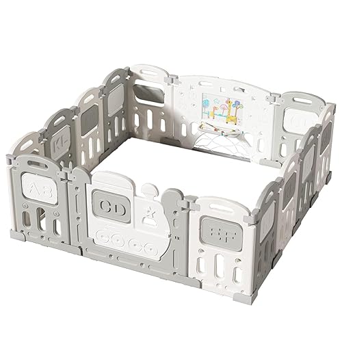 Miniatura 1 de UNICOO ZC-001-GYW - Corralito plegable para niños, centro de actividades de seguridad con puerta de bloqueo y estación de juegos, base de goma