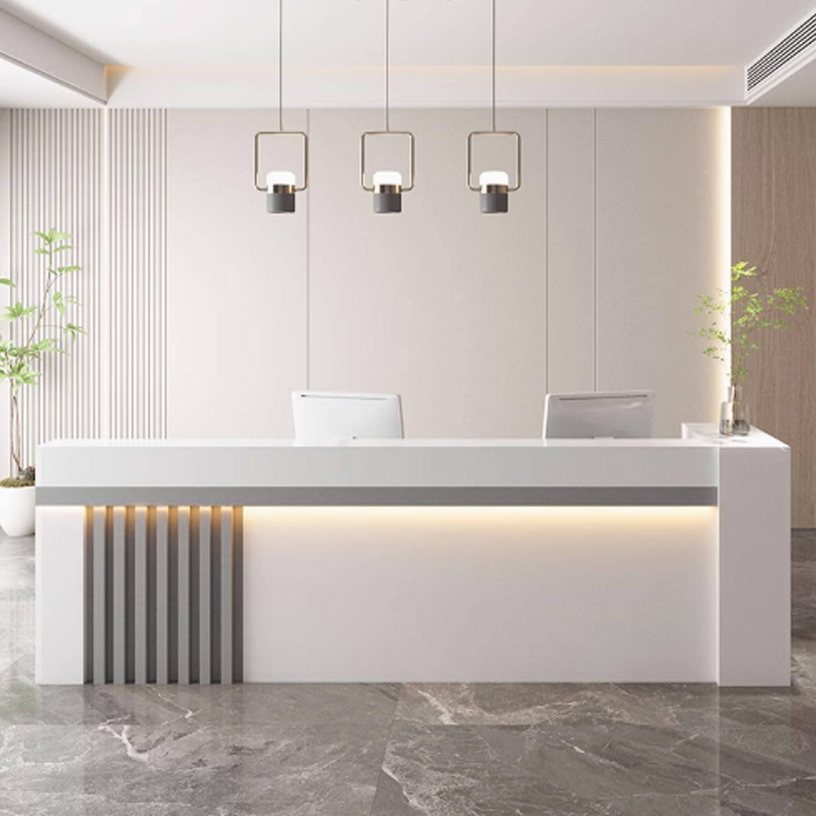 Generico Bancone Reception con Strisce Luminose a LED, Moderno bancone Reception con Spazio di archiviazione per saloni di Bellezza e barbieri, Elegante Tavolo da Ufficio (Bianco e Grigio Chiaro, 1 m