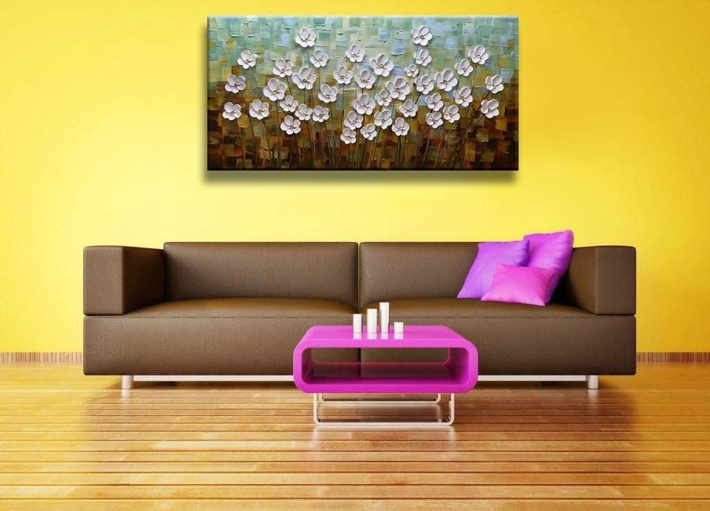 Asdam Art 100% Hand Painted 3D Paintings On Canvas Ready to Hang White Daisy Flower Oil Paintings Abstract Landscape Artwork Wall Art for Living Room Bedroom (24X48 inch)