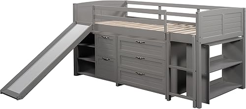 Miniatura 5 de NCKMYB Cama alta baja de madera con tobogán y almacenamiento cama alta de tamaño individual con cómoda para niños y niñas gris