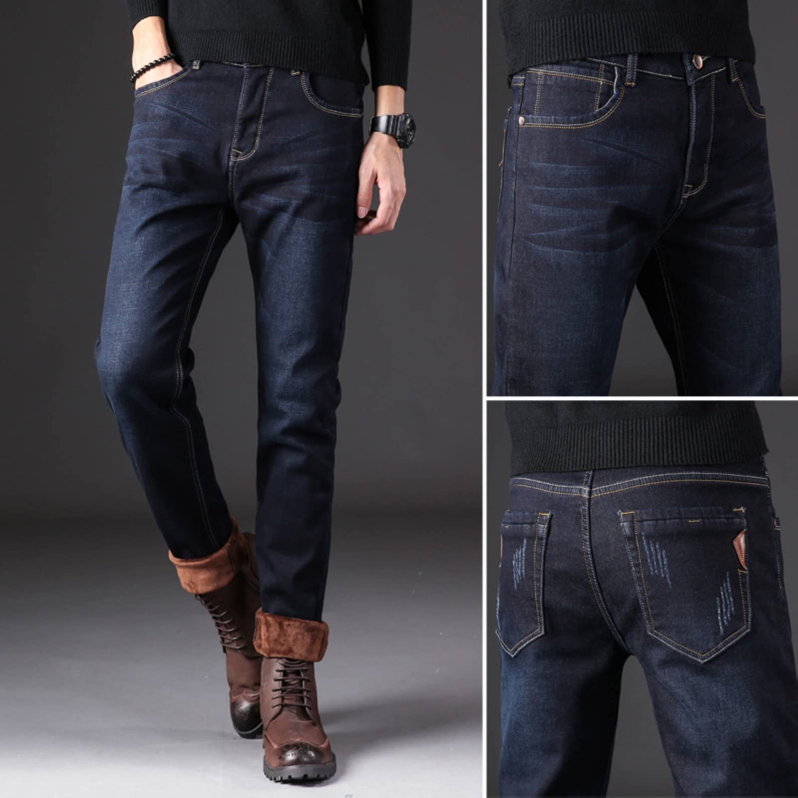 Mill&Tailor Thermojeans voor heren, blauw, rechte pasvorm, comfortabele jeans voor heren, katoenen broek, thermische broek voor de winter, herenbroek met binnenvoering, zakelijke en vrijetijdsbroek