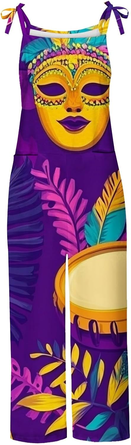 Mardi Gras Jumpsuit for Women Party Hippie Jumpsuits Strap Overalls Holiday One Piece Outfits Sleeveless Print Rompers - Image 5