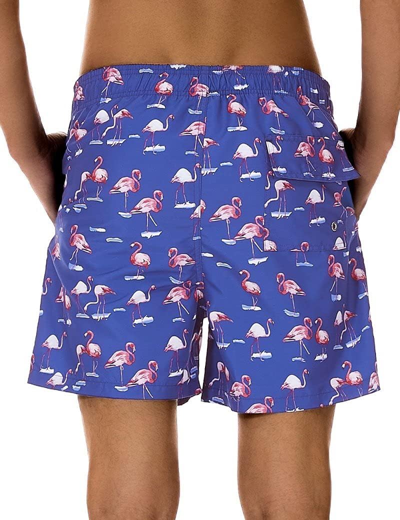 SILKWORLD Men's Swim Shorts Quick Dry Bathing Suit with Mesh Lining,Blue Flamingo(P1),Small