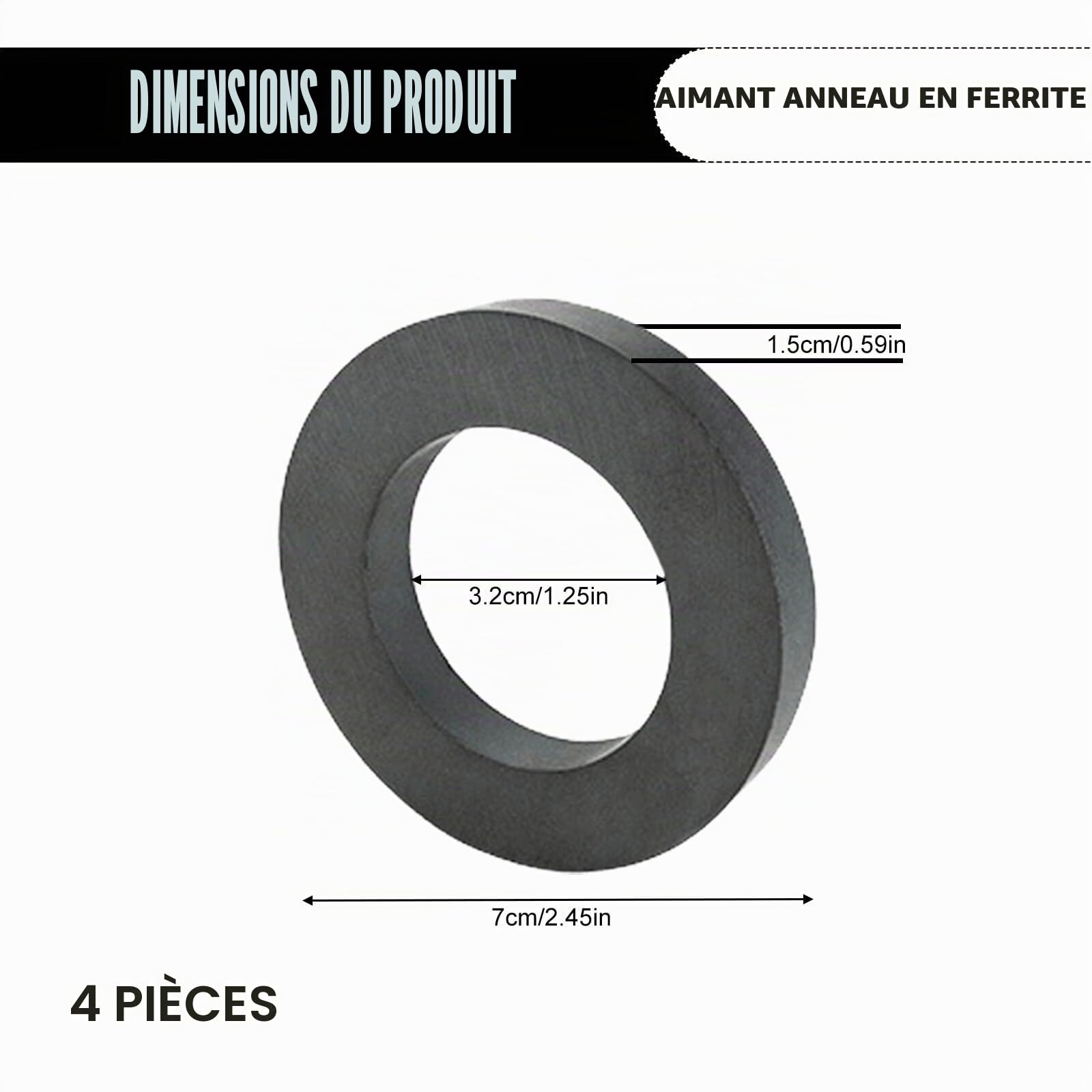 Lot de 4 anneaux magnétiques : diamètre 70 mm x 32 mm x 15 mm, avec trou, anneau magnétique, résistant, avec trou pour l'industrie, le bricolage, les projets scientifiques