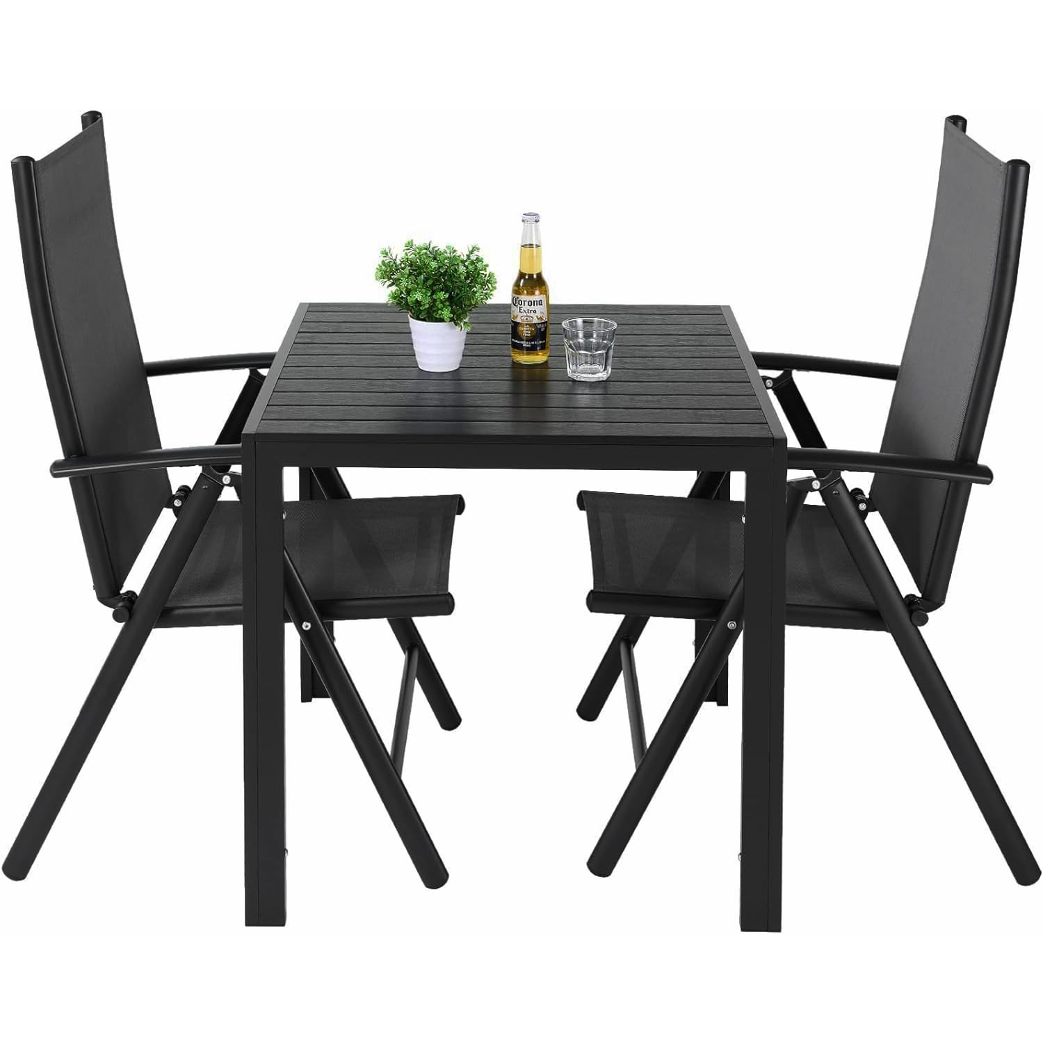 Conjunto Jardín Exterior de Aluminio Muebles 3 Piezas, 2 Sillas Plegables Ajustables Con Respaldo Alto y 1 Mesa Cuadrada WPC,Juego Mesa de Sillas Terraz y Balcón,Resistente a La Intemperie, Negro