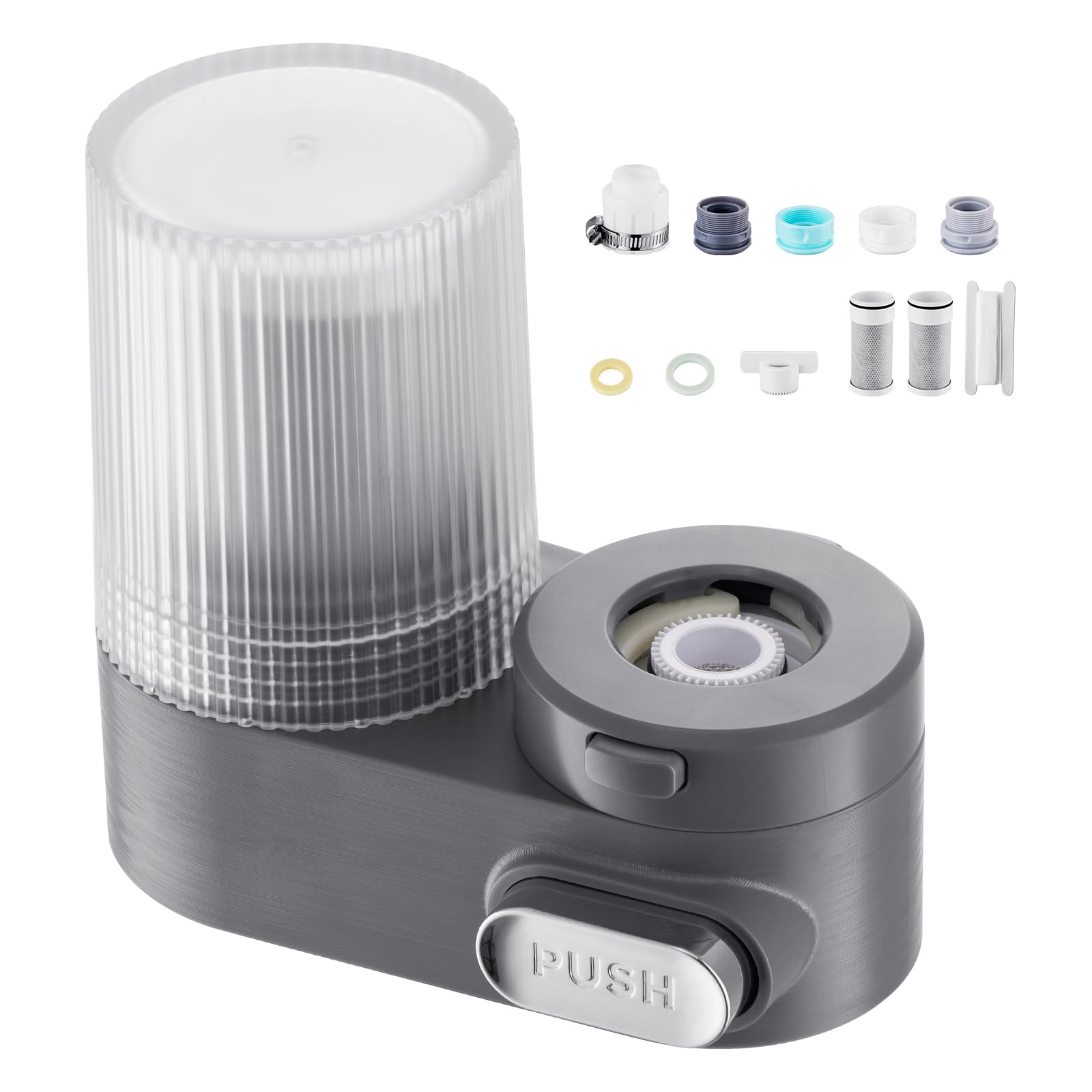 Happybuy Faucet - Mount Water Filter, Vertical Sink Tap Water Purifier, Carbon Fiber Filter, Removes Chlorine & Lead with 3 Filters, Fits Most Kitchen and Bathroom Faucets, Gray