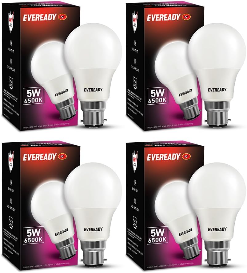 Eveready 5W LED Light Bulb | Long Life & Low Maintenance | Mercury-Free | High Efficiency & Glare-Free Light | 100 Lumens Per Watt | Cool Day Light (6500K) | Pack of 4| b22d