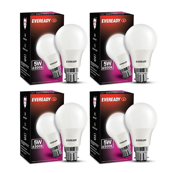 Eveready 5W LED Light Bulb | Long Life & Low Maintenance | Mercury-Free | High Efficiency & Glare-Free Light | 100 Lumens Per Watt | Cool Day Light (6500K) | Pack of 4| b22d
