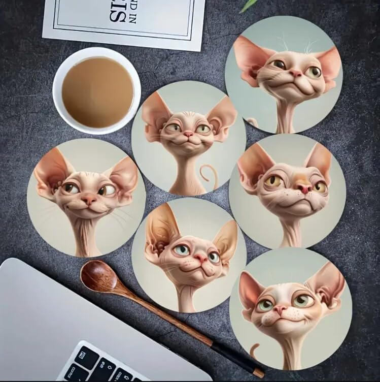 Sphynx Kedi Desenli Bardak Altlığı Seti, 6 Parça, Ahşap Malzeme, Kahve ve Çay için, Ev Dekorasyonu - Görsel 1