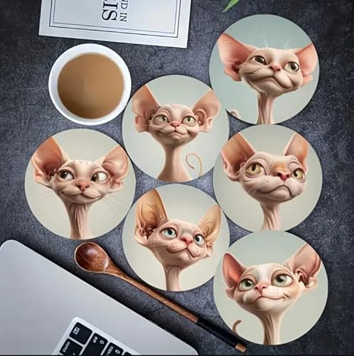 Sphynx Kedi Desenli Bardak Altlığı Seti, 6 Parça, Ahşap Malzeme, Kahve ve Çay için, Ev Dekorasyonu