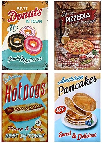 YOMIA 4PCS Hotdogs Pizzeria Vintage Retro Wall Decor Tin Signs, Food Decorative Metal Sign for Home, Pub, Cafe, and Hotel (8x12inch)