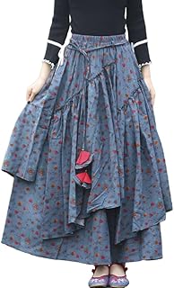 IDEALSANXUN Women's Elastic Waist Aline Cotton Lined Retro Maxi Hem Pleated Long Skirts