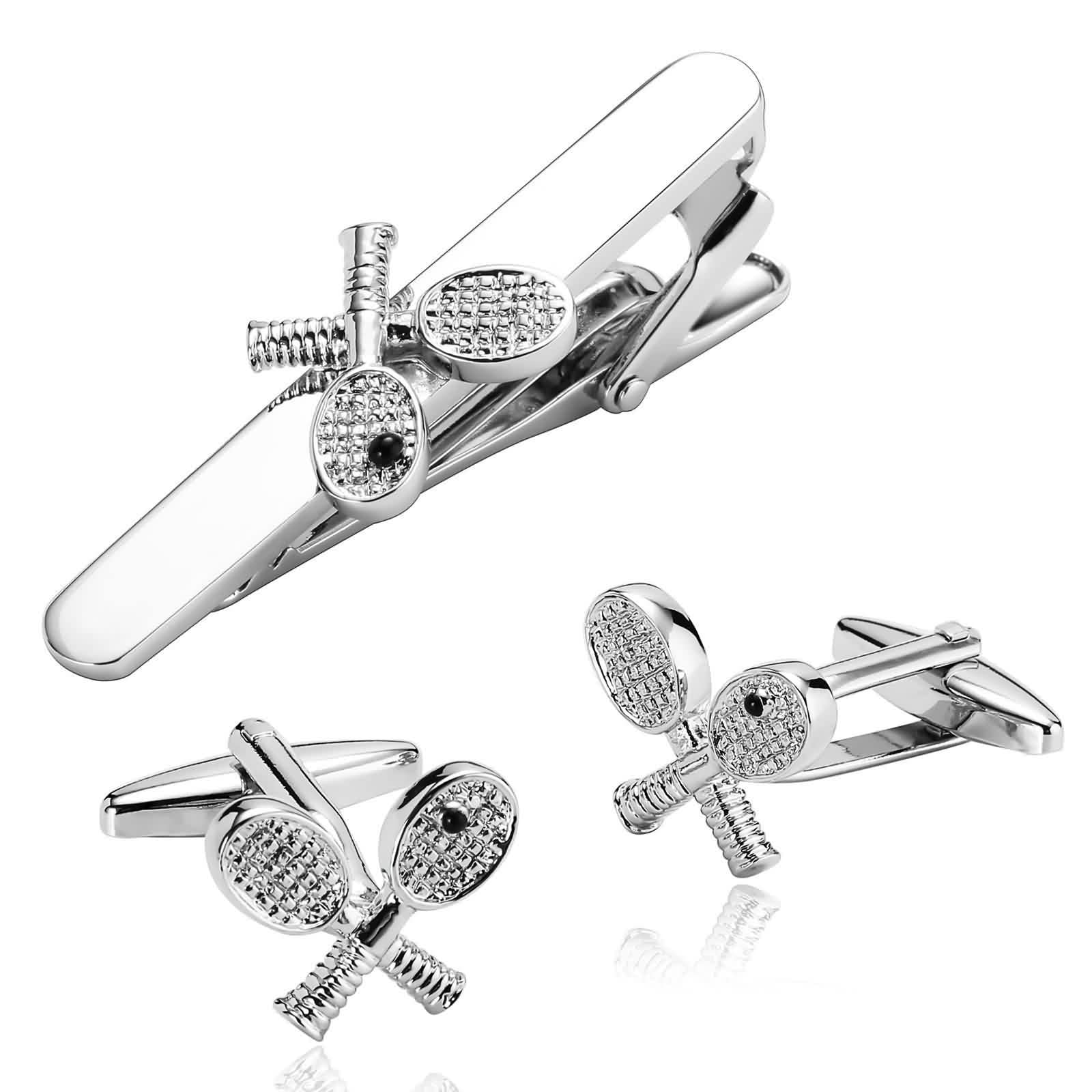 Set di gemelli e cravatte, fermacravatta Groomsmen argento acciaio inossidabile racchetta da tennis classico smoking accessori sposo regalo del papà, Senza pietre preziose