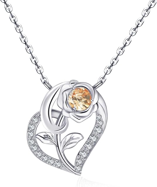 Qings Birthstone Necklace for Women 925 Sterling Silver Rose Flower Heart Pendant Necklaces with Cubic Zirconia Valentines Mothers Day Anniversary Birthstones Jewellery Gifts for Wife Girlfriend Her