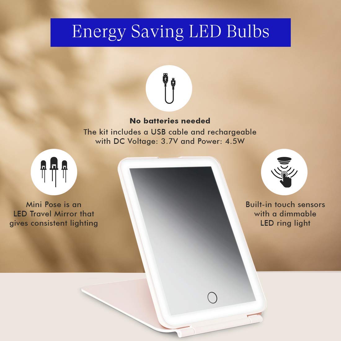 Vanity Mini Pose LED Travel Mirror 3 LED Colors for Consistent