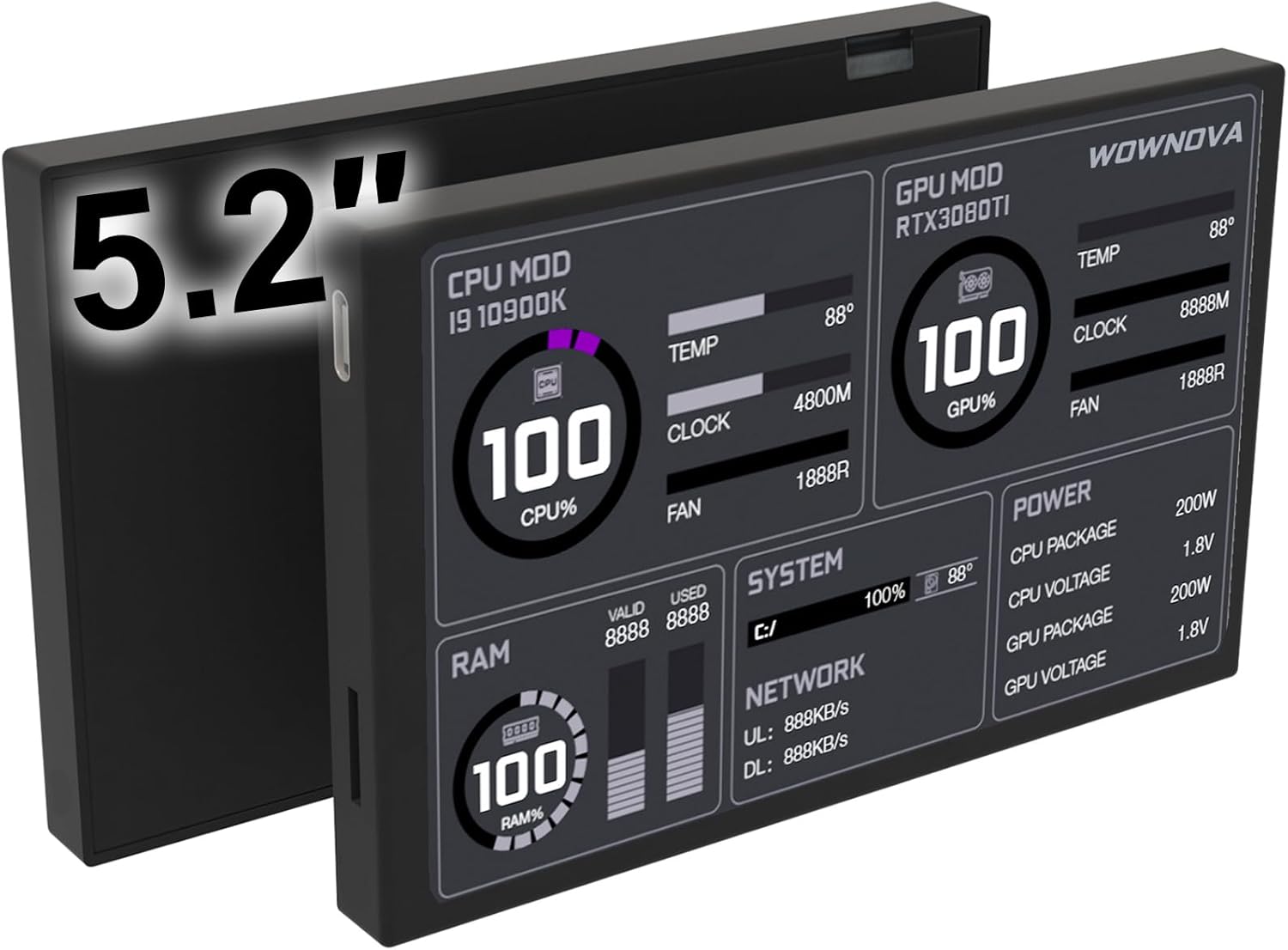 WOWNOVA 5.2" Customizabe LCD Screen Inside PC Case Screen for Computer Setup - Customizable PC Temperature Display Panel, GPU CPU FPS RAM HDD Computer Temp Monitor (White)