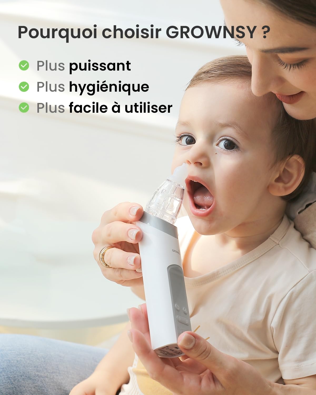 GROWNSY Mouche Bébé Électrique, Aspirateur Nasal Bébé avec Forte Aspiration et Grande Chambre, 3 Niveaux, Mouche Bébé avec Musique et Lumière, Rechargeable USB, pour Nouveau-nés et Enfants