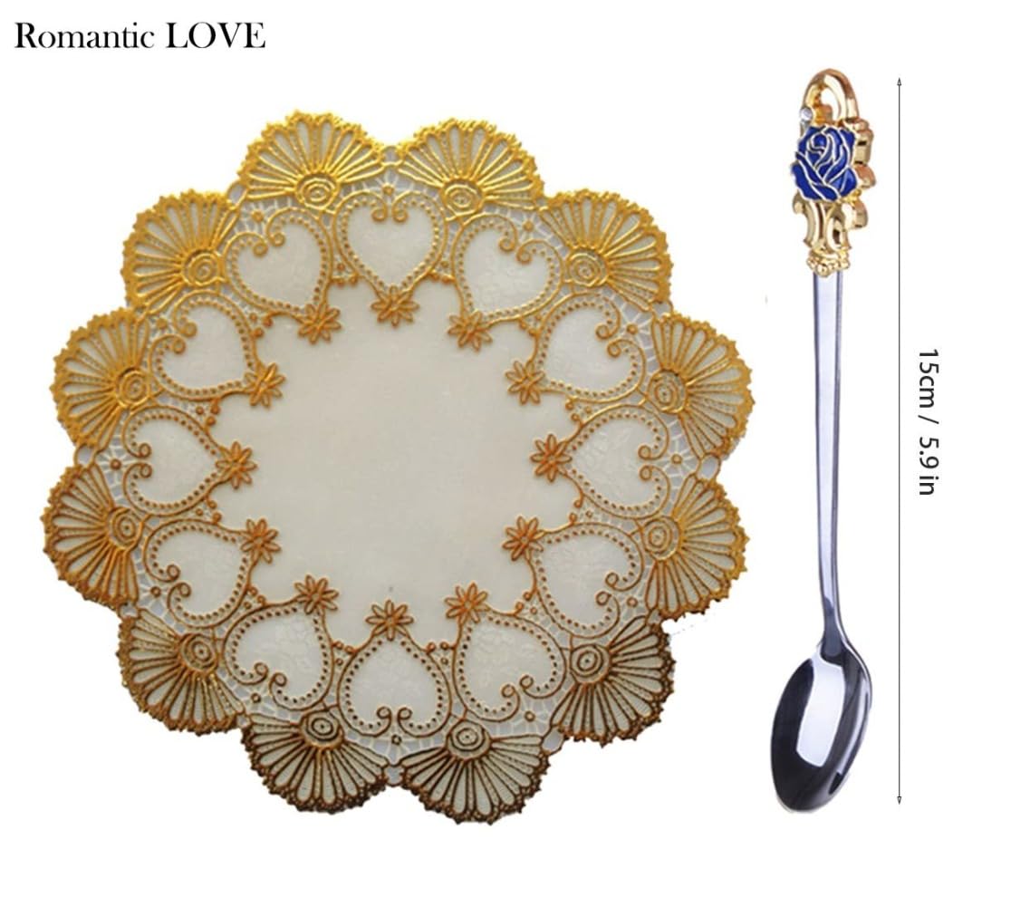 Romantic LOVE Set Mit 2 Ausgefallenen Teetassen, Kaffeetassen Aus Glas, 330 Ml ~ 350 Ml, Klarglastassen Mit Löffel, Set, Muttertagsgeschenke, Rosenblume, Emaille, Geburtstag (blau hoch rot kurz)