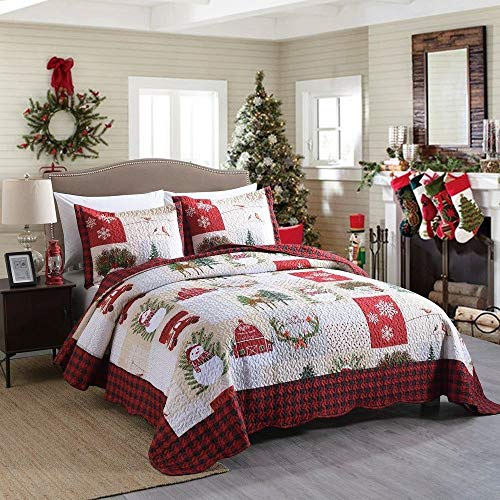 3 Piece Gorgeous Winter Christmas Quilt Set King Size, Beautiful Snowman Snowflake Deer Tree Wreaths Garlands Design Rustic Bedding, Reversible Buffalo Plaid Checkered Patchwork White Red Quilt