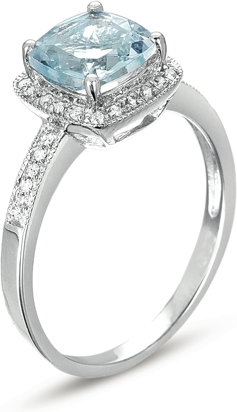14K White Gold Genuine Aquamarine Cushion 1-3/8 Ct, Diamonds Ring - Image 2