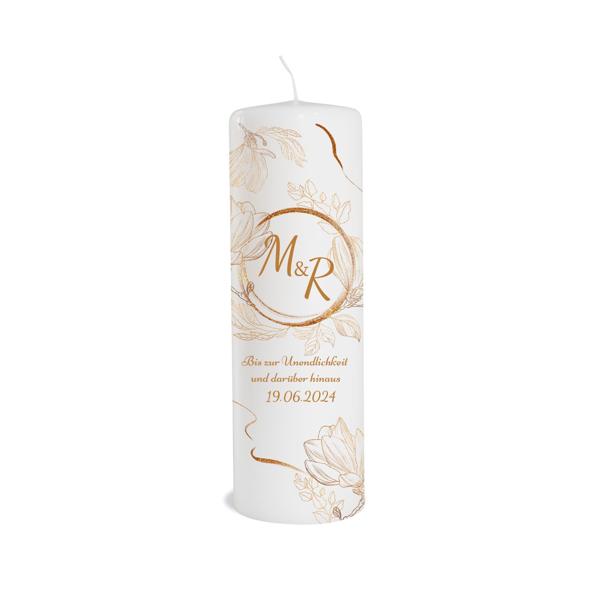 Candela Di Matrimonio Personalizzata Con Nome E Data - Eucalipto E Fiori, 7.8 X 25 Cm, 45 Ore Di Durata