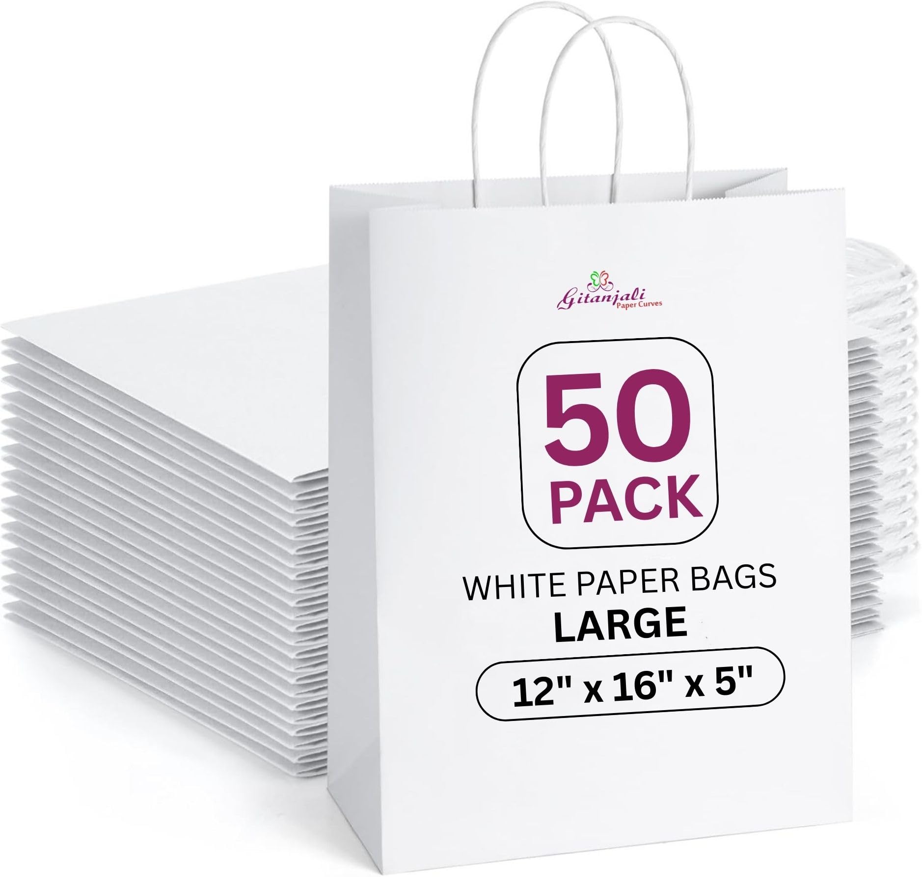 Gitanjali Paper Curves Paper Bags -12x16x5in 50pcs White Large Return Gift Bag - Retail Paper Carry Bags- Disposable Recycled Eco Friendly Craft Paper Gifting Covers (Large-White, Pack of 50)