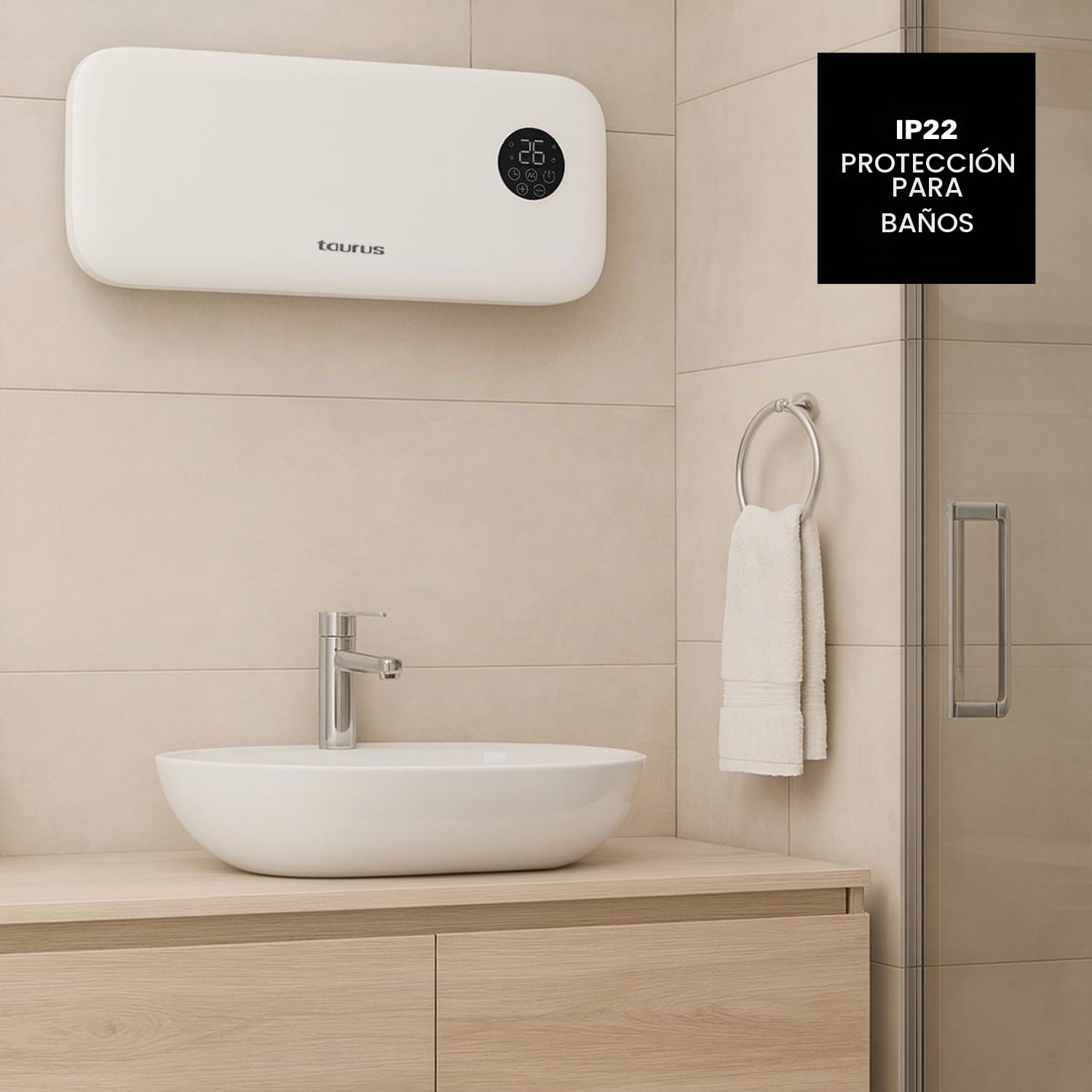 Taurus – Calefactor de Pared RCMB 22 | 2000W | 3 modos | 2 Niveles Temp | Display digital | Control remoto | Protección Sobrecalentamiento | Temporizador 9h | Para estancias de 20 m²