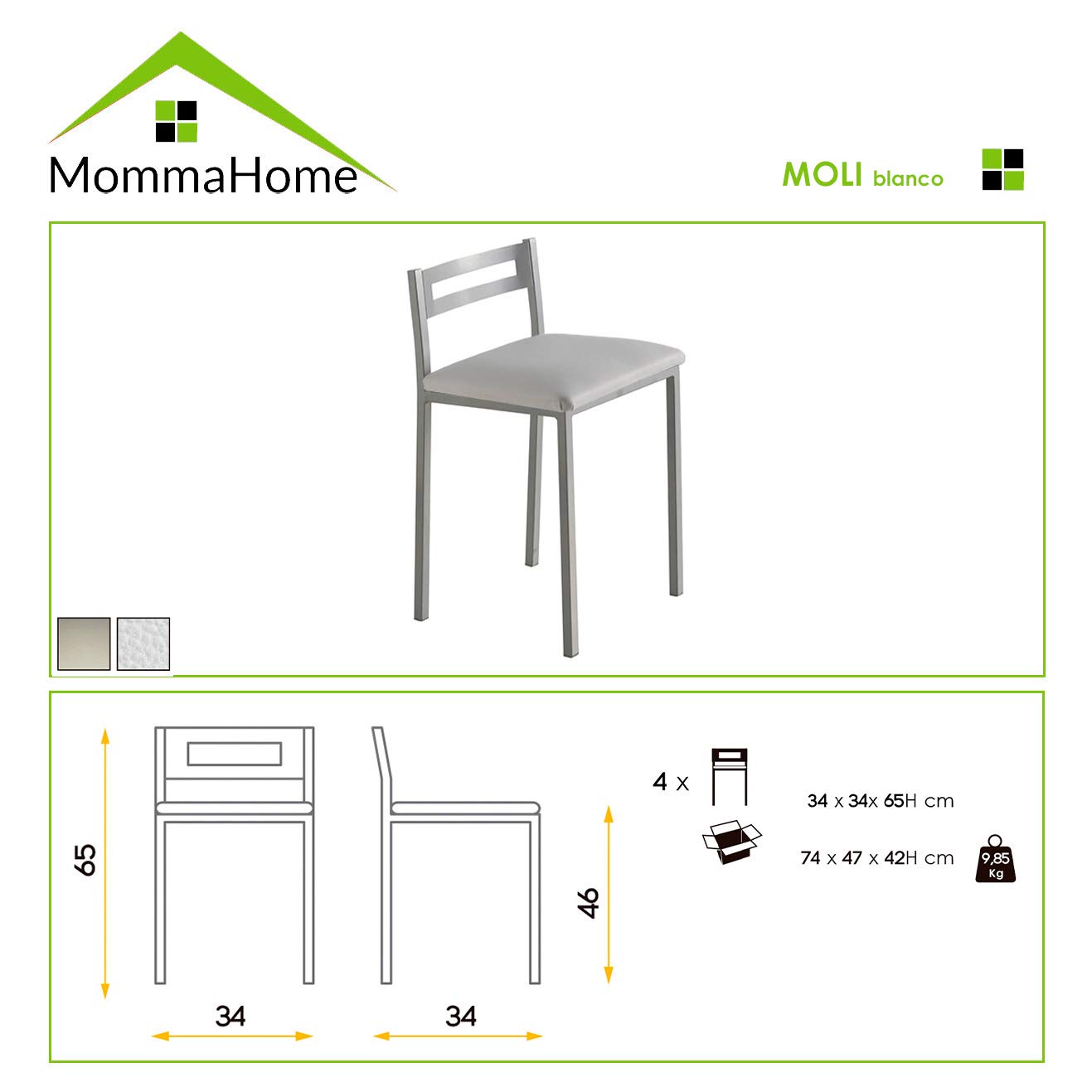 MOMMA HOME Taburetes Altos de Cocina - Pack 4 Taburetes de Cocina, Banquetas, Sillas, Taburete Bar, Material Metal/Ecopiel, Color Plata/Blanco, Modelo MOLI, Medidas 34x34x65cm