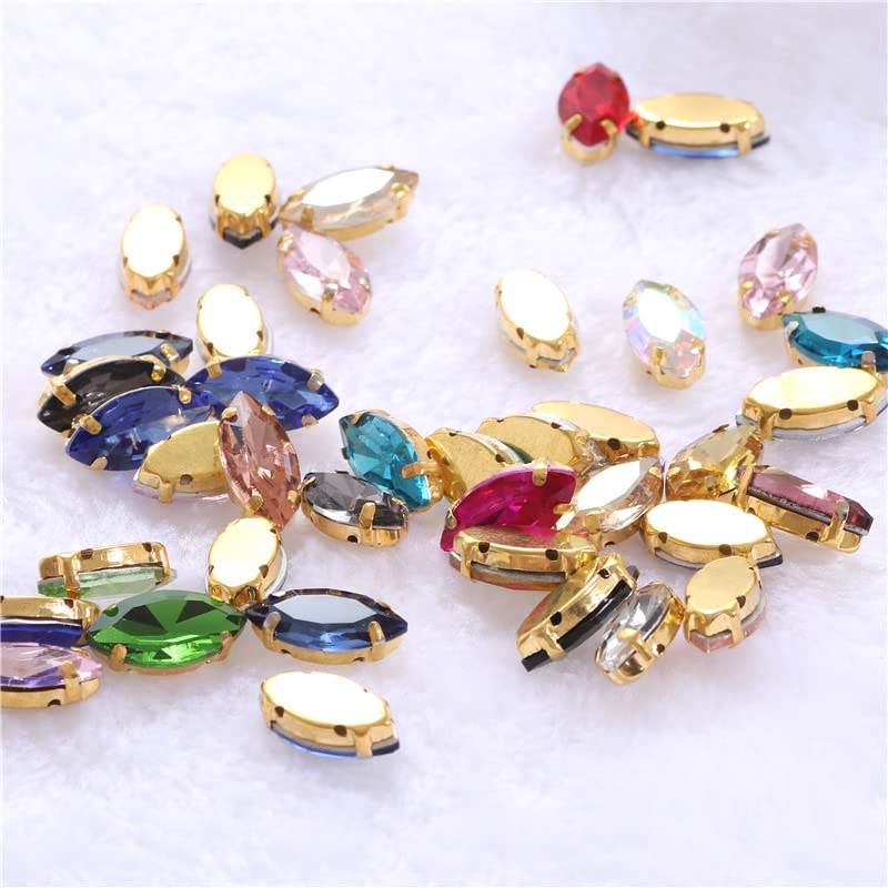 GORGECRAFT 100 Pièces Strass à Coudre Ronds En Forme D'Oeil De Cheval - 10 Styles Cristal Doré Avec 4 Trous, Rouge Pour Couture Et Créations