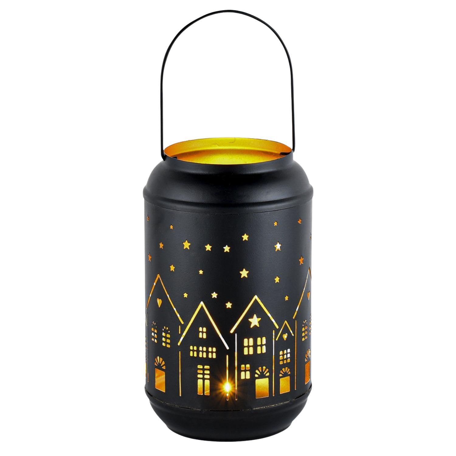 Marrakech Juego de 2 portavelas decorativas Glowtree negro y dorado, 20 cm, con diseño de casas, de metal, candelabros escandinavos, farol moderno, decoración de Adviento, decoración navideña y
