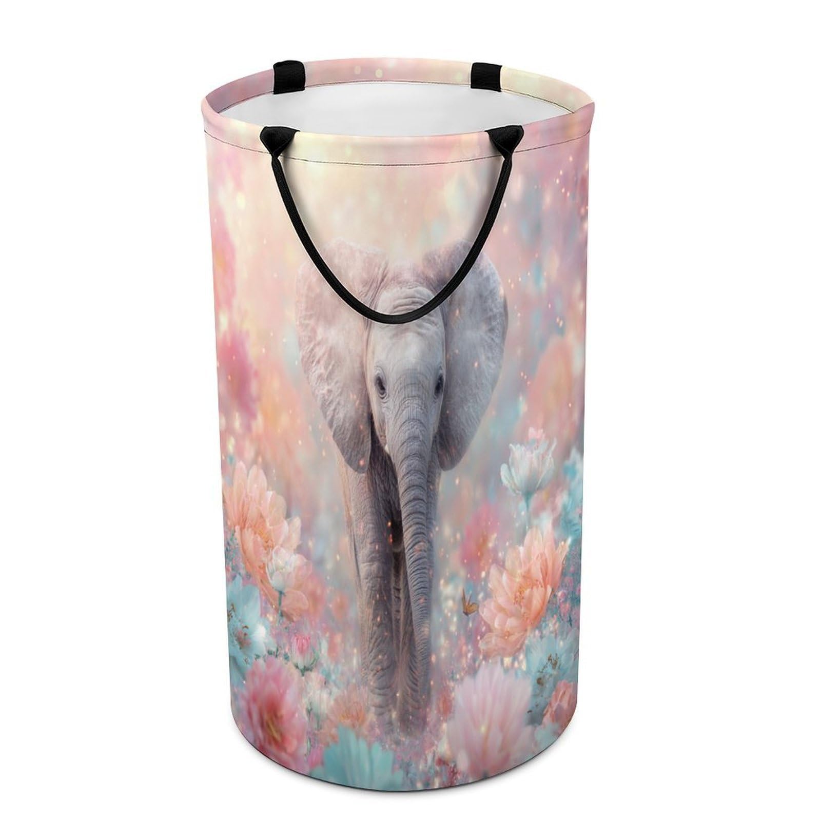 LUYYSKY Fantasy Cute Baby Elephant Collapsible Dirty Clothes Basket, Colorful Watercolor Garden African Animal Elephant Floral Portable Clothes Storage Basket
