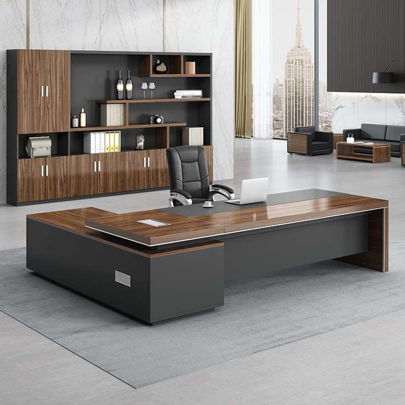 Chefschreibtisch mit Holzplatte und eingebautem CPU-Speicher, Cheftisch, Computer-Wohnmöbel, Schubladen – ohne Stühle, Schrank auf der rechten Seite, 240,6 cm L x 160,2 cm B x 74,9 cm H