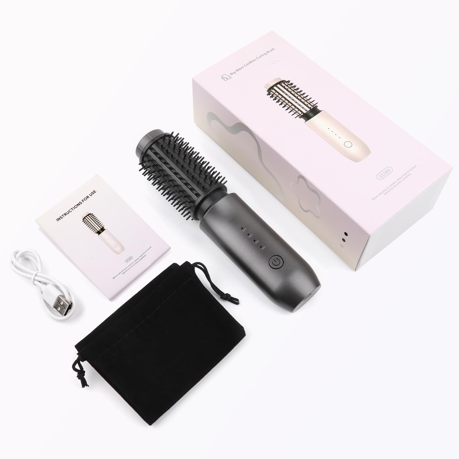 Brosse à friser portable pour femme, brosse à boucler sans fil, noir