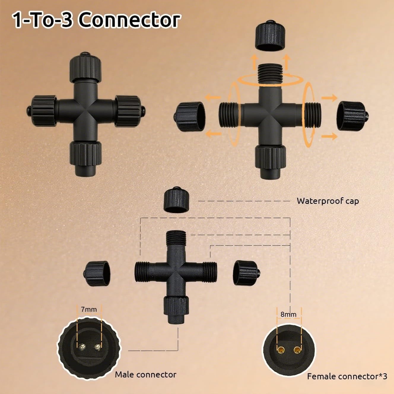 Connecteur étanche IP65 Pour Guirlandes Lumineuses 2 Broches - 1 Vers 3 - Pour Décorations Noël Extérieures
