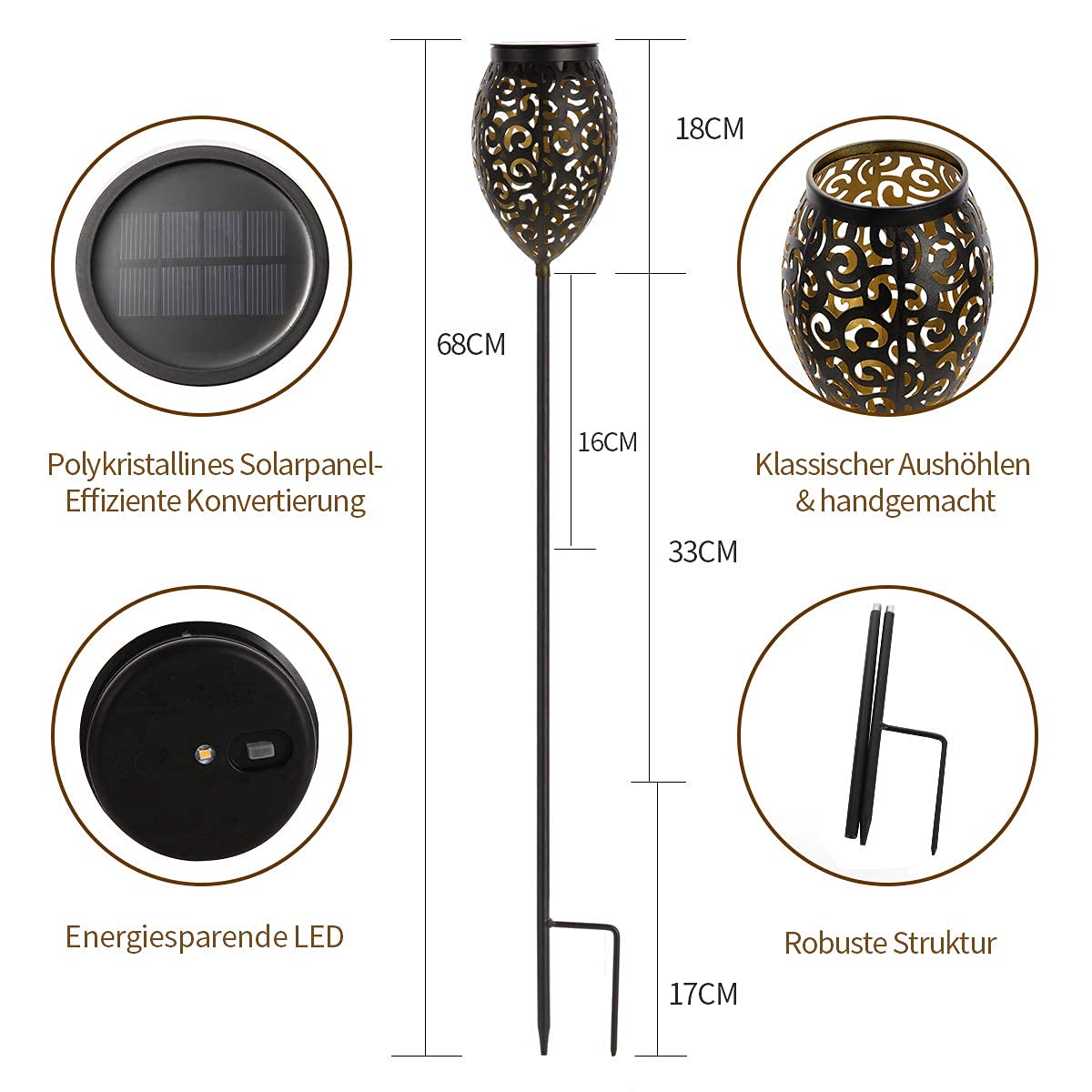 Görvitor Solarleuchten Garten, LED Warmlicht Solarlampen für Außen Garten, 69CM Gartenleuchten IP65 Wasserdicht, Solarleuchten für außen Vintage Deko Terrasse Rasen Wegeleuchten (Metall)