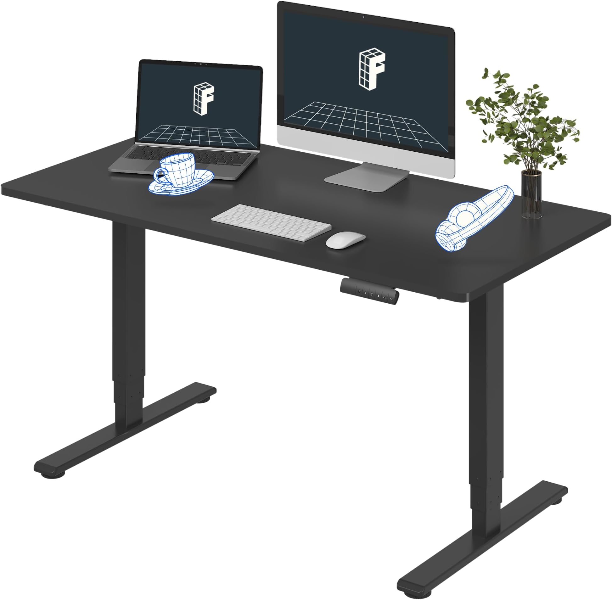 E6 3-Stage Dual Motor Electric Standing Desk 55 x 28 Sit Stand Up Desk, Holds 220 lbs, Adjustable Height w/Memory Presets, One-Piece Black Desktop & Black Frame, Ships in 2 Boxes