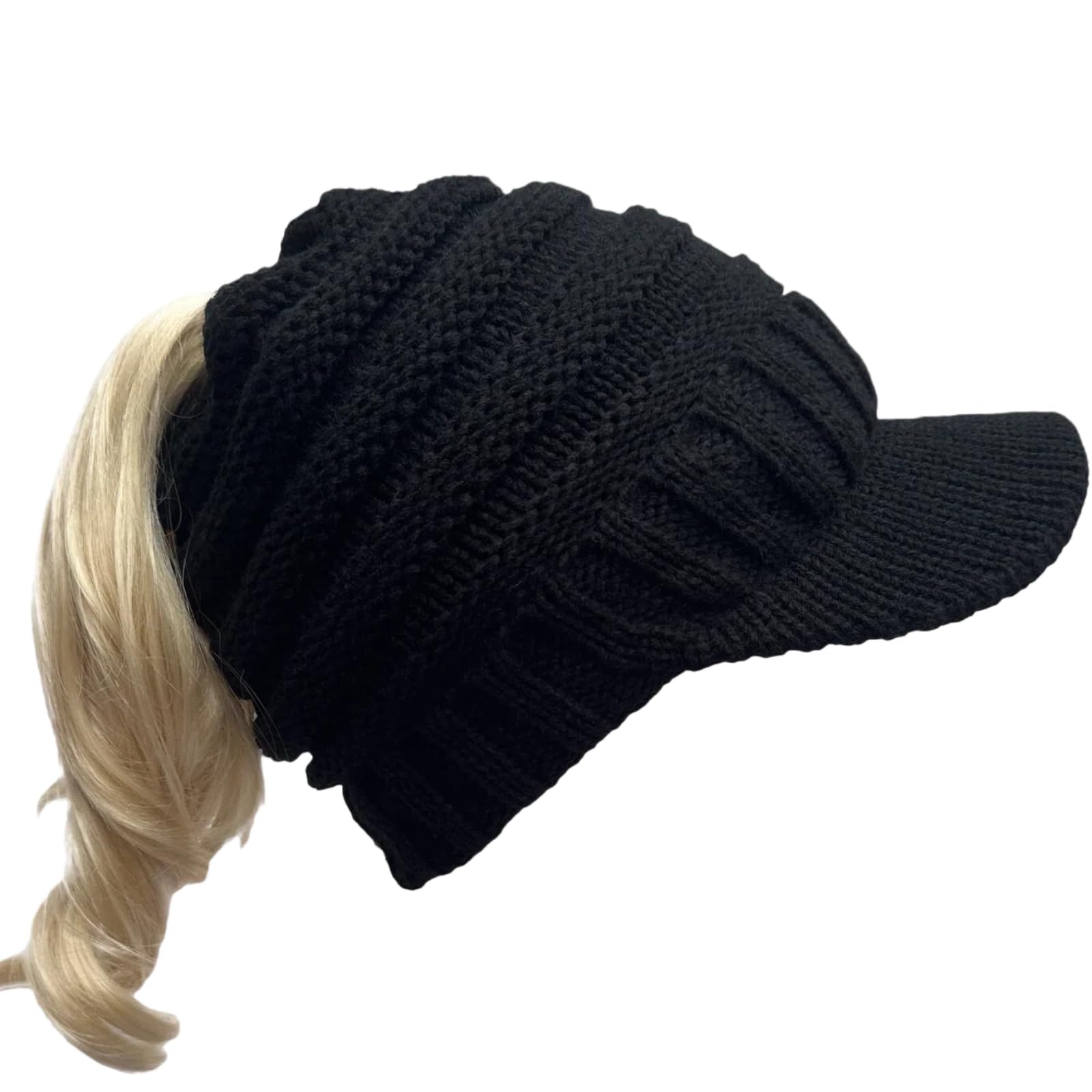 Kiqawee Women's Black Hidden Ponytail Knit Hat, Warm Winter Hat, Warm Windproof Knit Cap, Winter Hats For Slouchy Beanies With Brim Visor