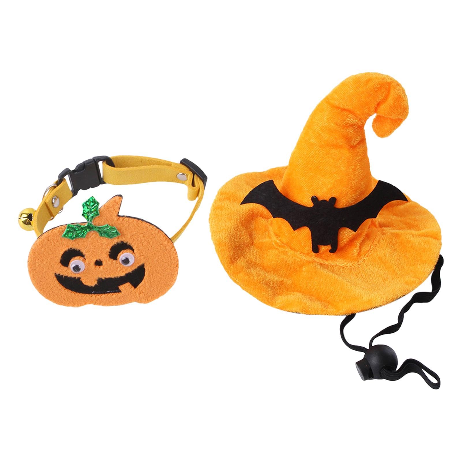 Conjunto de collar y sombrero para gato, disfraz de Halloween para gato,Disfraz de gato de Halloween Sombrero de bruja Accesorios para mascotas - Lindo divertido sombrero de mago de perro murciélago y