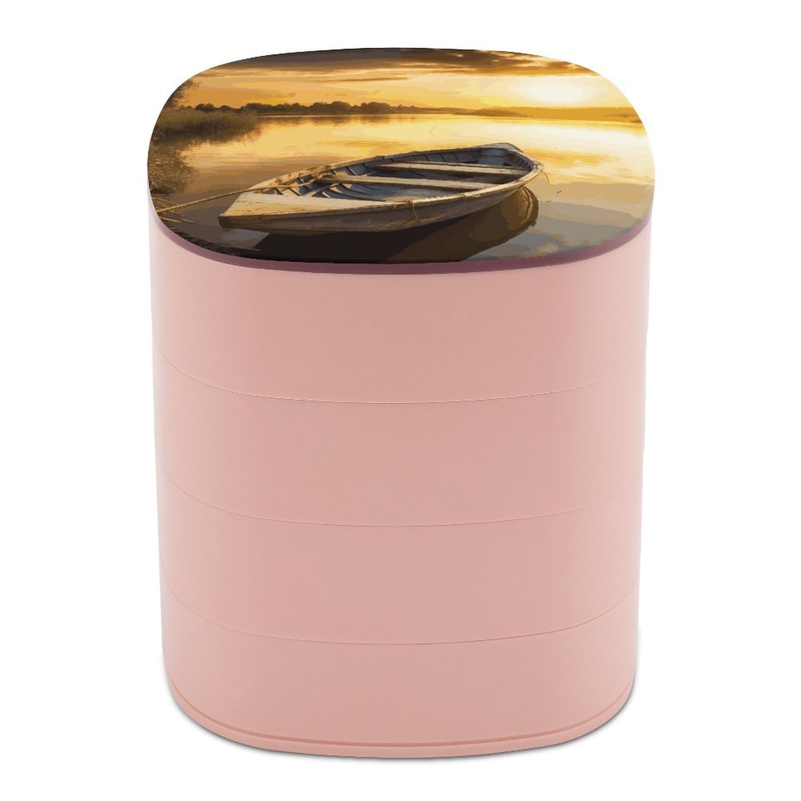 FekiLoot River Sunset Wooden Boat Jewelry Box 4-Layers Rotatable Jewelry Organizer Storage Box with Mirror Cute Travel Jewelry Case Portable Earring Holder Organizer for Ring Necklace Bracelet