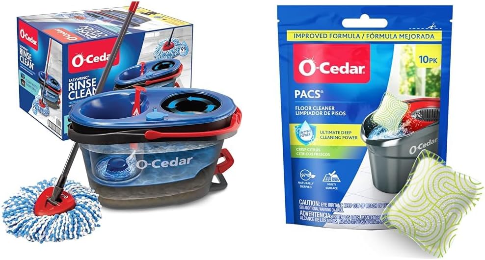 O-Cedar EasyWring RinseClean Microfiber Spin Mop & Bucket Floor Cleaning System, Grey and O-Cedar PACS Hard Floor Cleaner, Crisp Citrus Scent 10 Count (1-Pack)