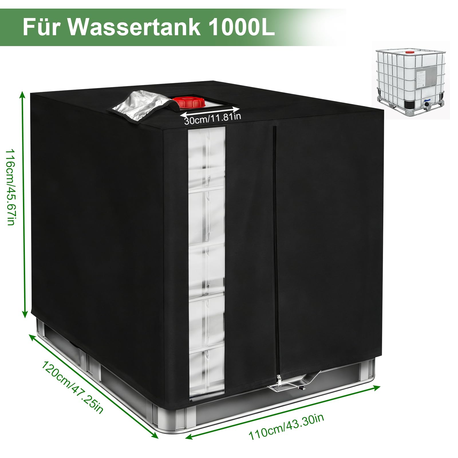 420D IBC Tank Abdeckung Für 1000L – Wasserdicht, Anti-UV, Mit Transparenter Sichtfolie – Inkl. Reißverschluss & Schnallen – Für Regenwassertanks, Container & Fässer