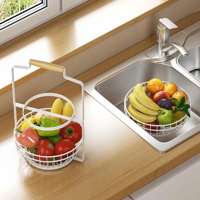 Detachable Fruit And Vegetable Basket Bowl Storage Rack with Wood Portable Wire Kitchen Counter Organizer image 5