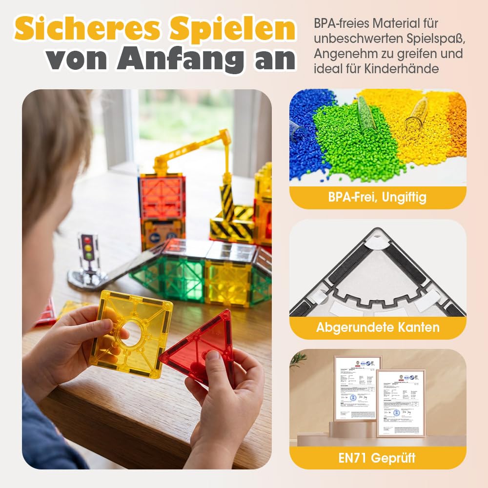 Playpals Magnetbausteine 60 Teile, Konstruktionsspielzeug, Kran Ausziehbar | Magnetische Bausteine Straße-Thema, Starke Magnetkraft, Kreatives Bauspielzeug, für Jungen Mädchen ab 3 Jahren, Mehrfarbig